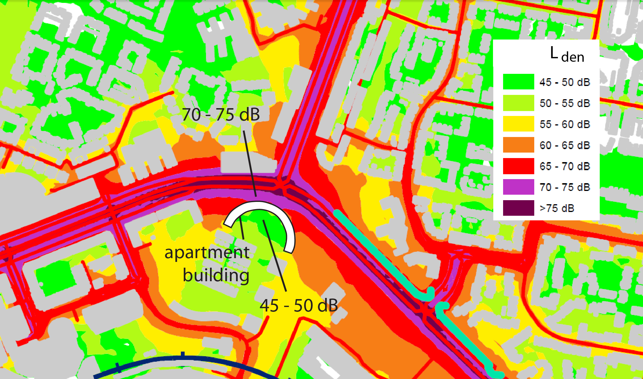 Figure 1. Traffic noise map of a part of Zoetermeer, the Netherlands.