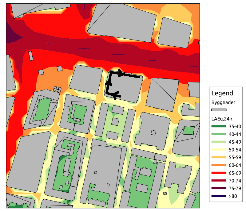 Figure 1. Traffic noise map of a part of Haga, Gothenburg.